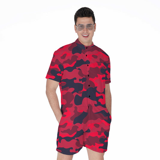 Red Pink And Black Camouflage Print Men's Rompers