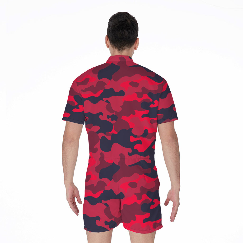 Red Pink And Black Camouflage Print Men's Rompers