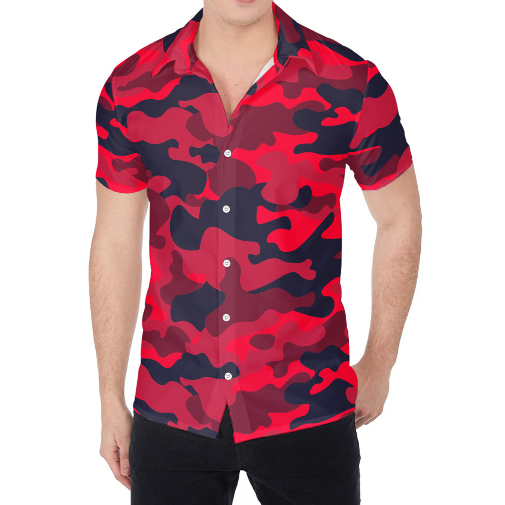 Red Pink And Black Camouflage Print Men's Shirt