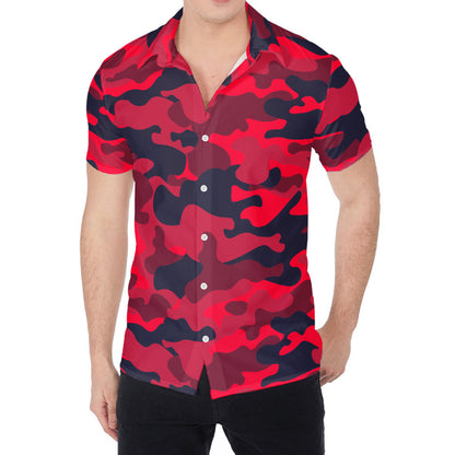 Red Pink And Black Camouflage Print Men's Shirt