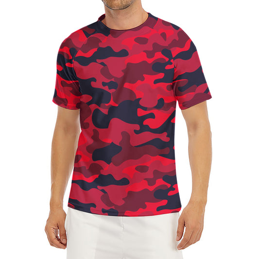 Red Pink And Black Camouflage Print Men's Short Sleeve Rash Guard