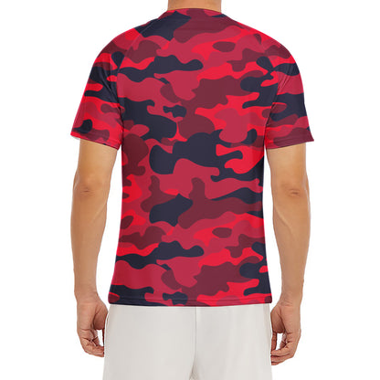 Red Pink And Black Camouflage Print Men's Short Sleeve Rash Guard