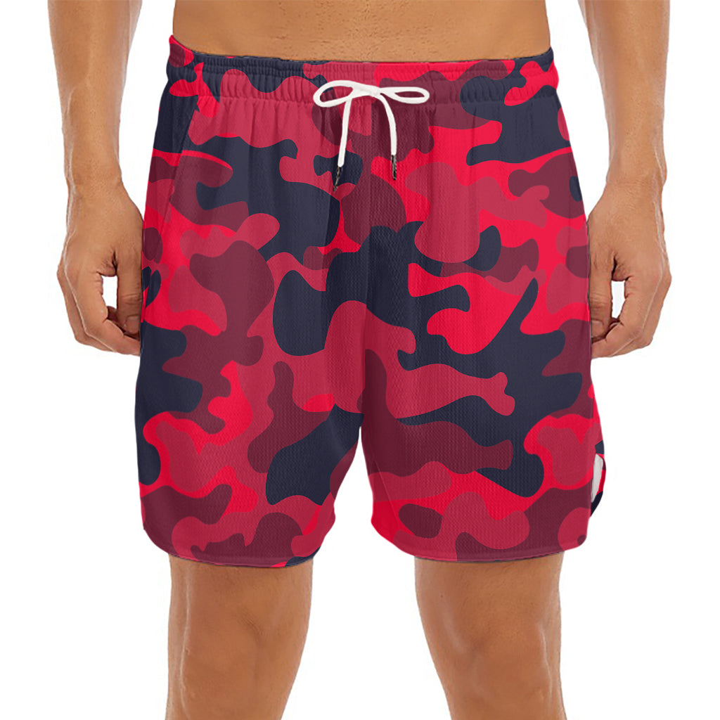 Red Pink And Black Camouflage Print Men's Split Running Shorts