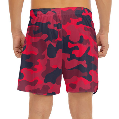 Red Pink And Black Camouflage Print Men's Split Running Shorts