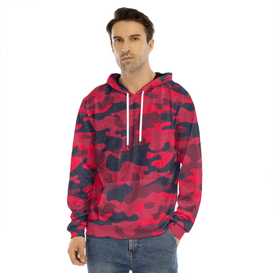 Red Pink And Black Camouflage Print Men's Velvet Pullover Hoodie