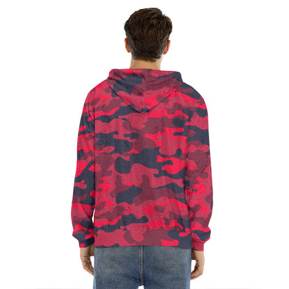 Red Pink And Black Camouflage Print Men's Velvet Pullover Hoodie