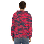 Red Pink And Black Camouflage Print Men's Velvet Pullover Hoodie
