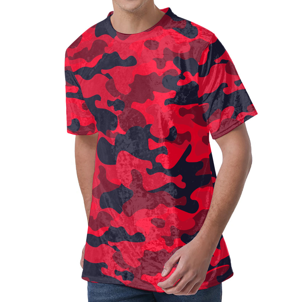 Red Pink And Black Camouflage Print Men's Velvet T-Shirt
