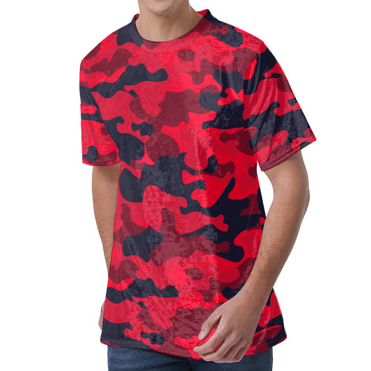 Red Pink And Black Camouflage Print Men's Velvet T-Shirt