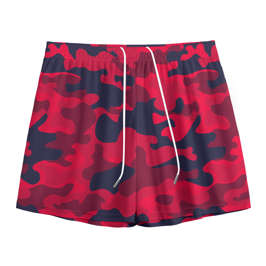 Red Pink And Black Camouflage Print Mesh Shorts