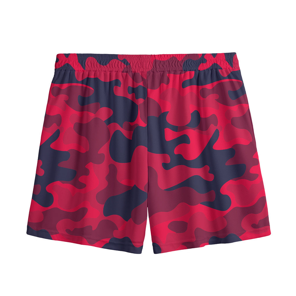 Red Pink And Black Camouflage Print Mesh Shorts