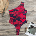 Red Pink And Black Camouflage Print One Shoulder Bodysuit