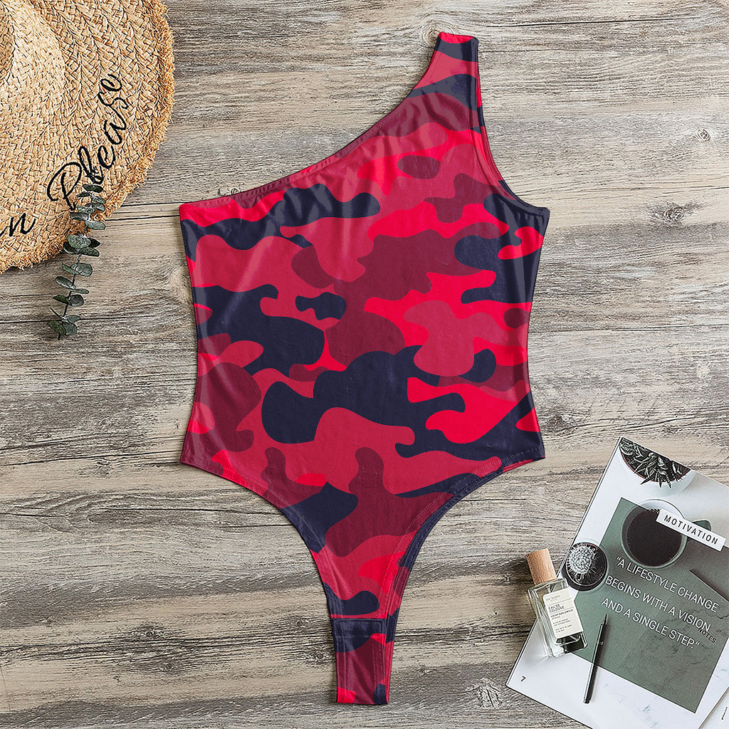 Red Pink And Black Camouflage Print One Shoulder Bodysuit