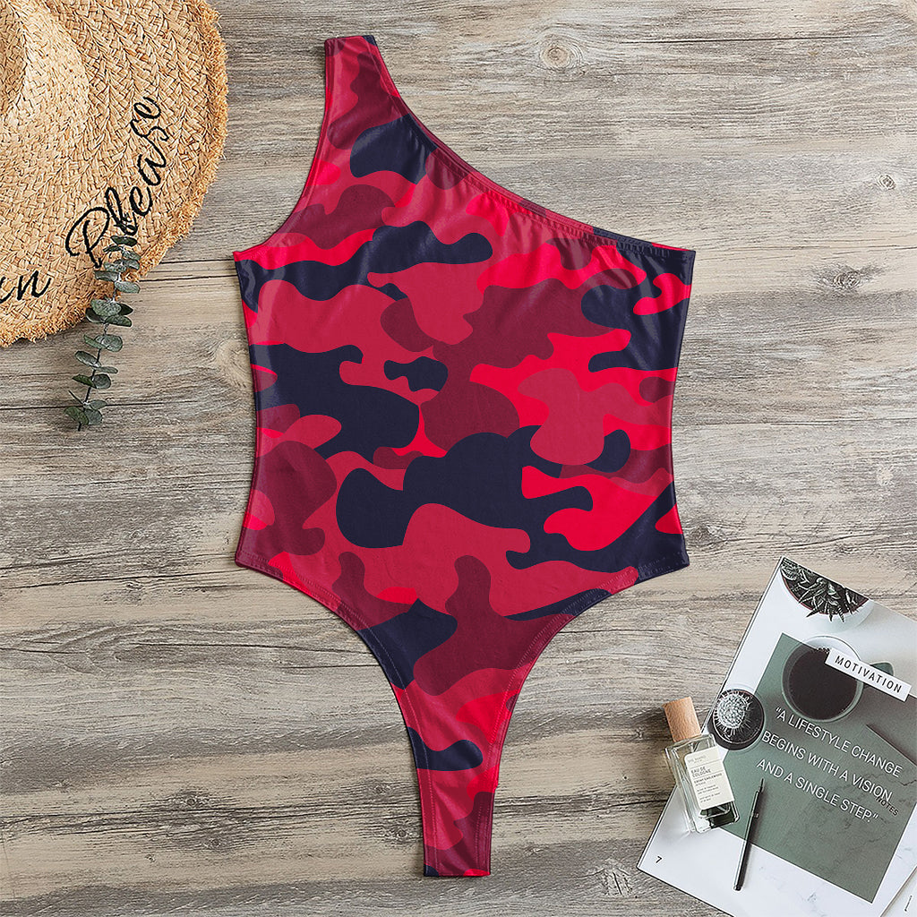Red Pink And Black Camouflage Print One Shoulder Bodysuit