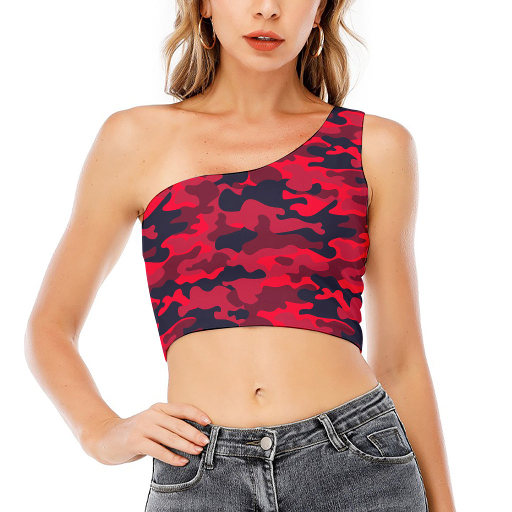 Red Pink And Black Camouflage Print One Shoulder Crop Top
