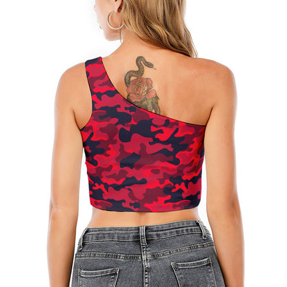 Red Pink And Black Camouflage Print One Shoulder Crop Top