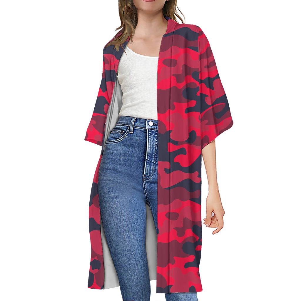 Red Pink And Black Camouflage Print Open Front Beach Cover Up