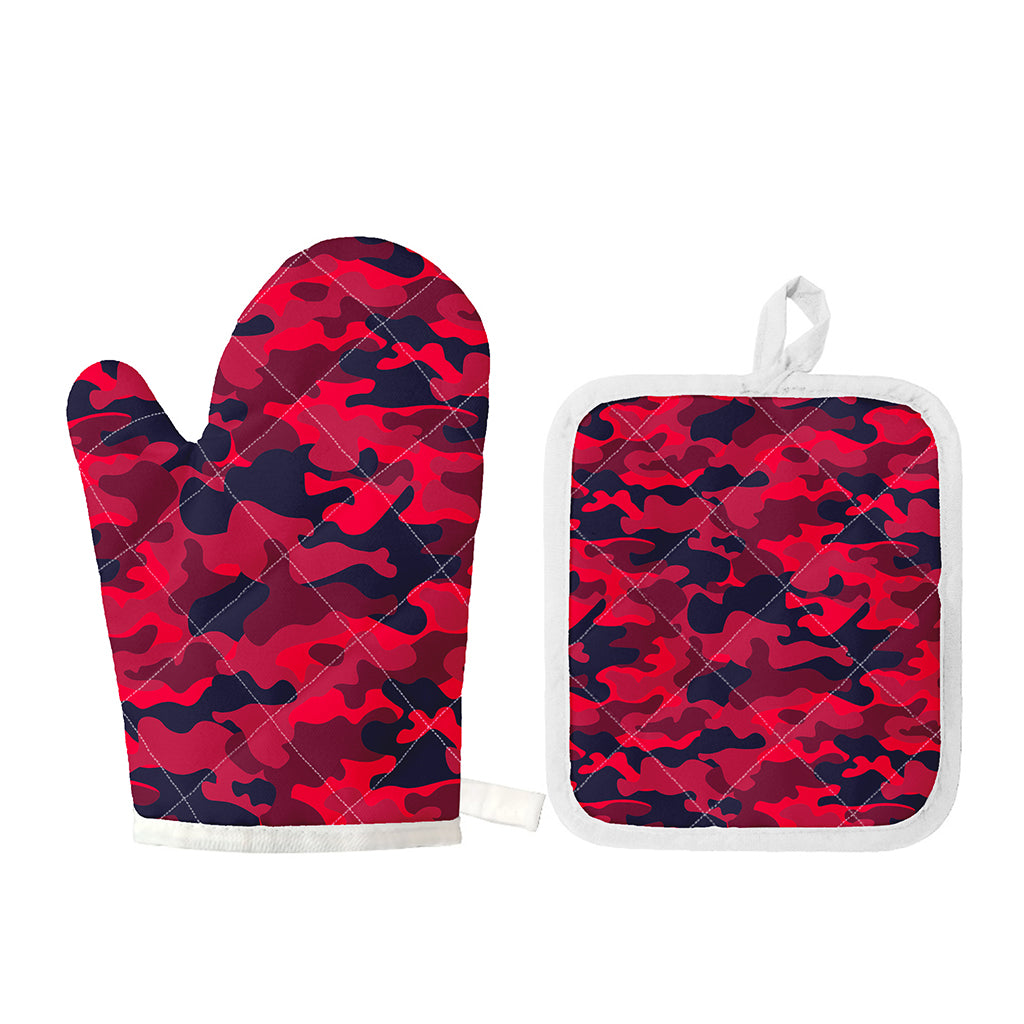Red Pink And Black Camouflage Print Oven Mitt And Pot Holder Set
