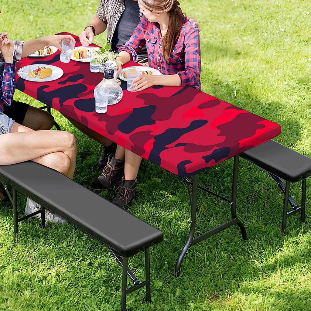 Red Pink And Black Camouflage Print Picnic Table Cover