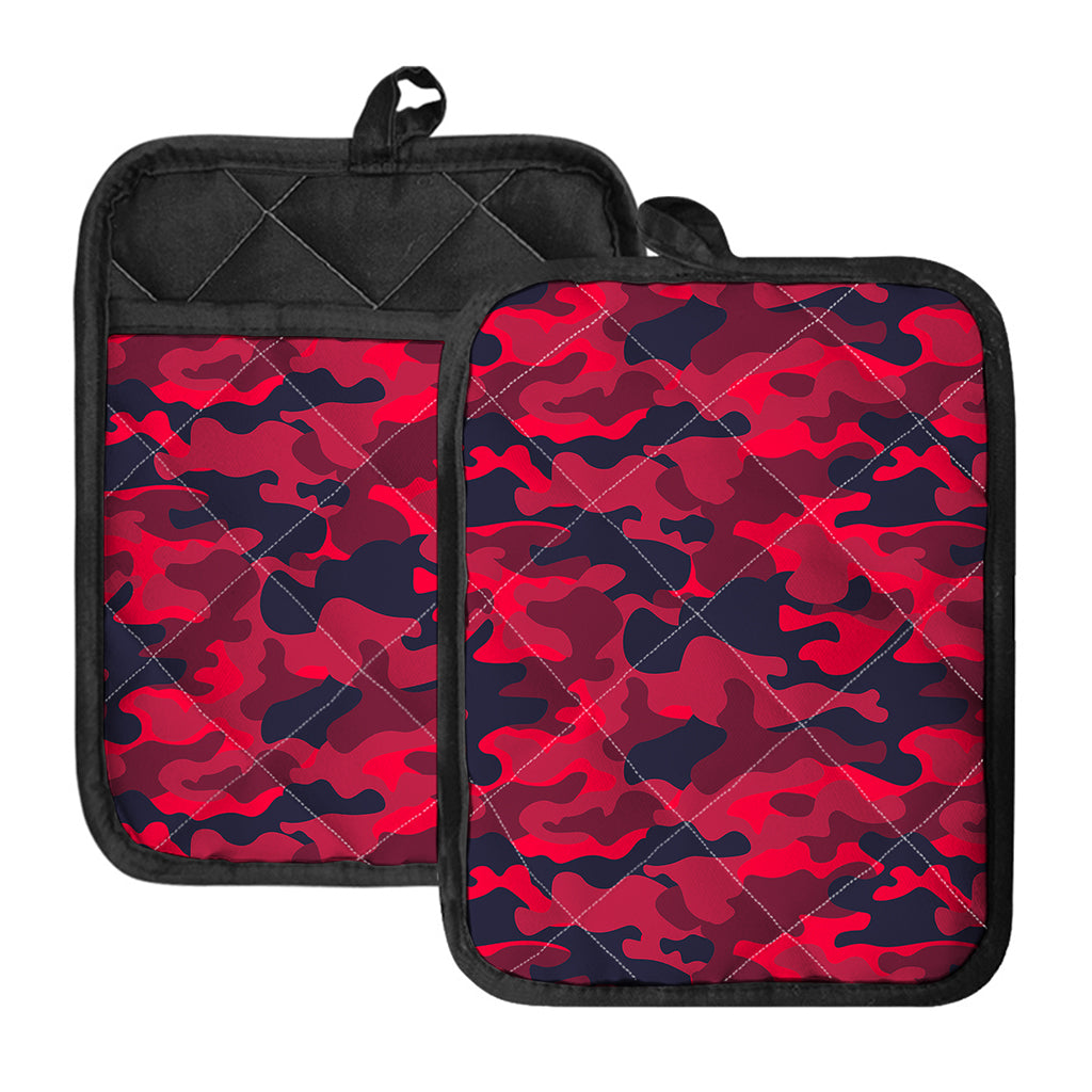 Red Pink And Black Camouflage Print Pot Holders With Pocket