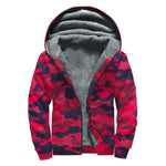 Red Pink And Black Camouflage Print Sherpa Lined Zip Up Hoodie