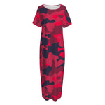 Red Pink And Black Camouflage Print Short Sleeve Long Nightdress