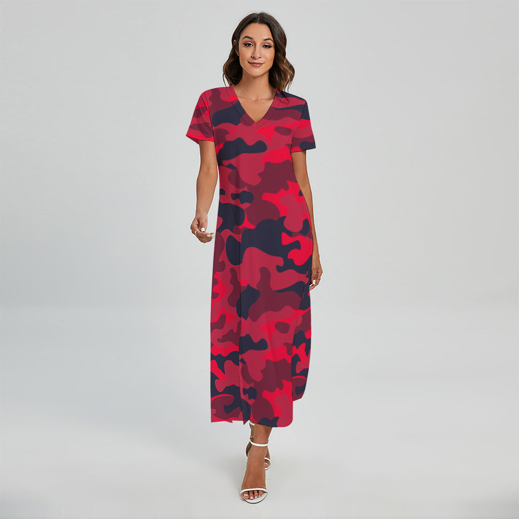 Red Pink And Black Camouflage Print Short Sleeve Maxi Dress
