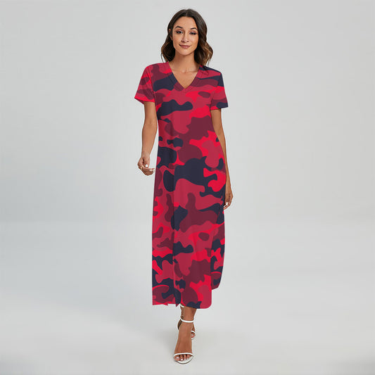 Red Pink And Black Camouflage Print Short Sleeve Maxi Dress