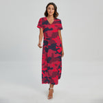 Red Pink And Black Camouflage Print Short Sleeve Maxi Dress