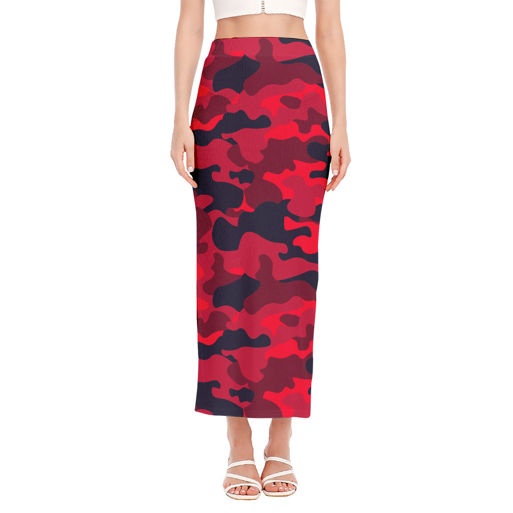 Red Pink And Black Camouflage Print Side Slit Maxi Skirt