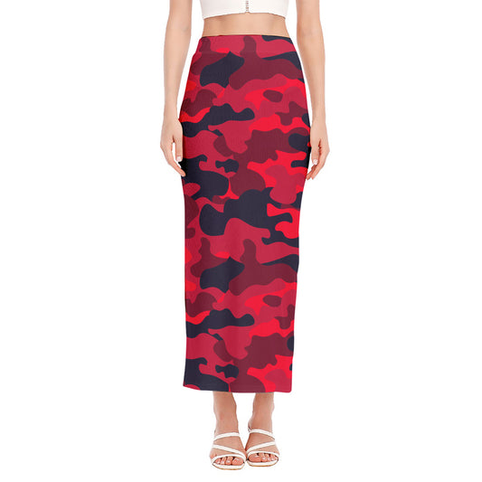 Red Pink And Black Camouflage Print Side Slit Maxi Skirt