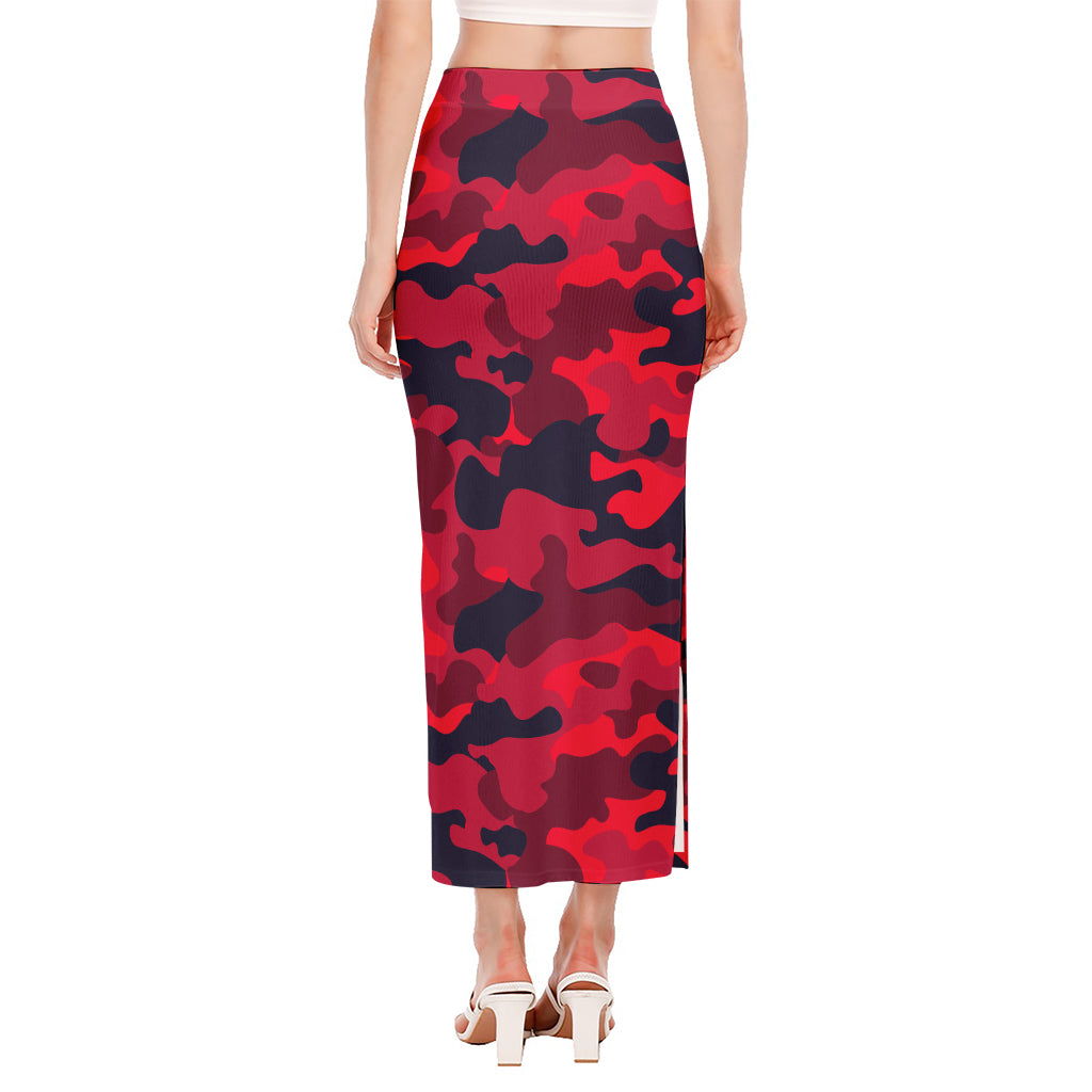 Red Pink And Black Camouflage Print Side Slit Maxi Skirt