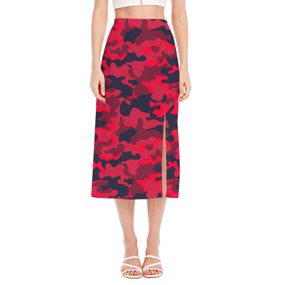 Red Pink And Black Camouflage Print Side Slit Midi Skirt