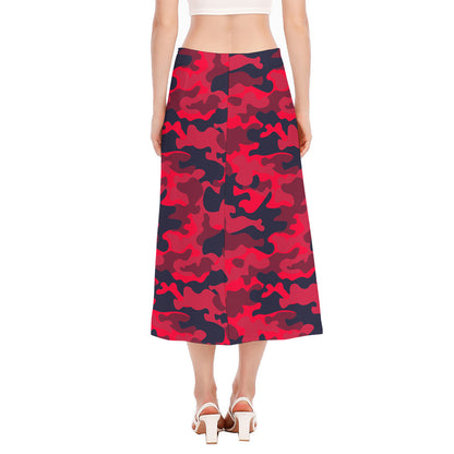 Red Pink And Black Camouflage Print Side Slit Midi Skirt