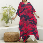 Red Pink And Black Camouflage Print Silk V-Neck Kaftan Dress
