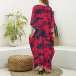 Red Pink And Black Camouflage Print Silk V-Neck Kaftan Dress