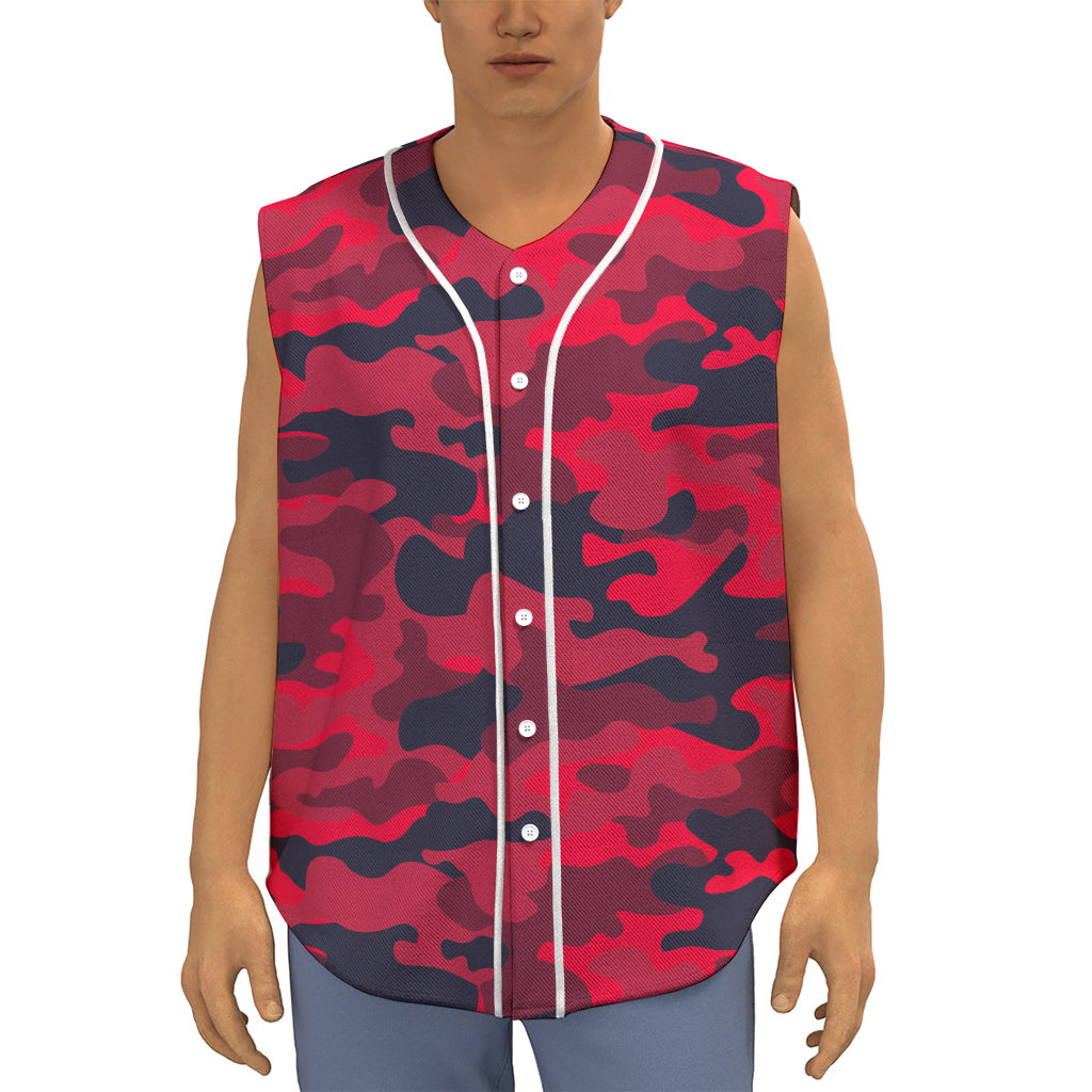Red Pink And Black Camouflage Print Sleeveless Baseball Jersey
