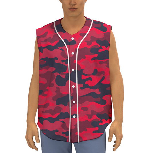 Red Pink And Black Camouflage Print Sleeveless Baseball Jersey