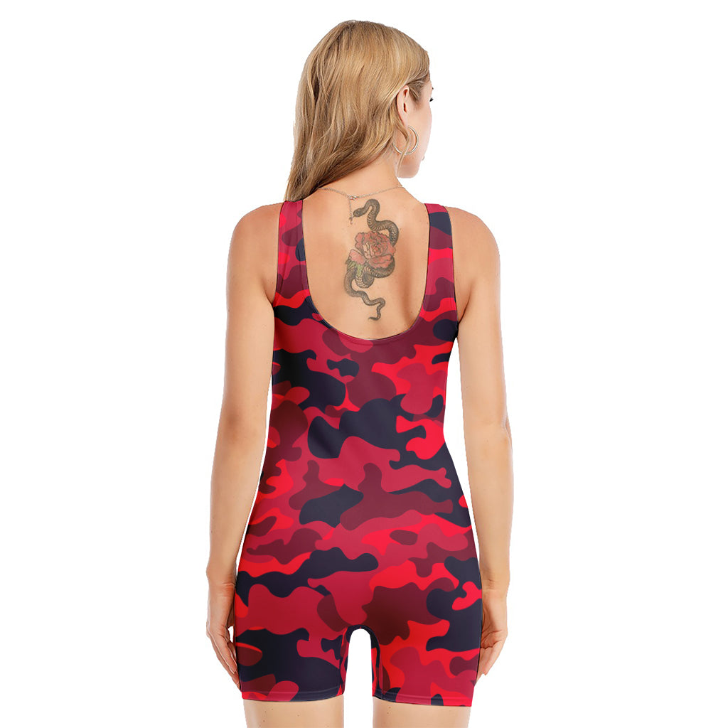 Red Pink And Black Camouflage Print Sleeveless One Piece Swimsuit