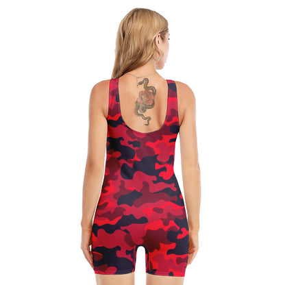 Red Pink And Black Camouflage Print Sleeveless One Piece Swimsuit