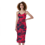 Red Pink And Black Camouflage Print Slim Fit Midi Cami Dress