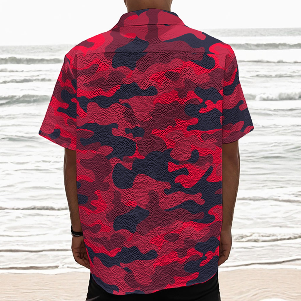Red Pink And Black Camouflage Print Textured Short Sleeve Shirt