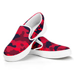 Red Pink And Black Camouflage Print White Slip On Sneakers