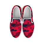 Red Pink And Black Camouflage Print White Slip On Sneakers