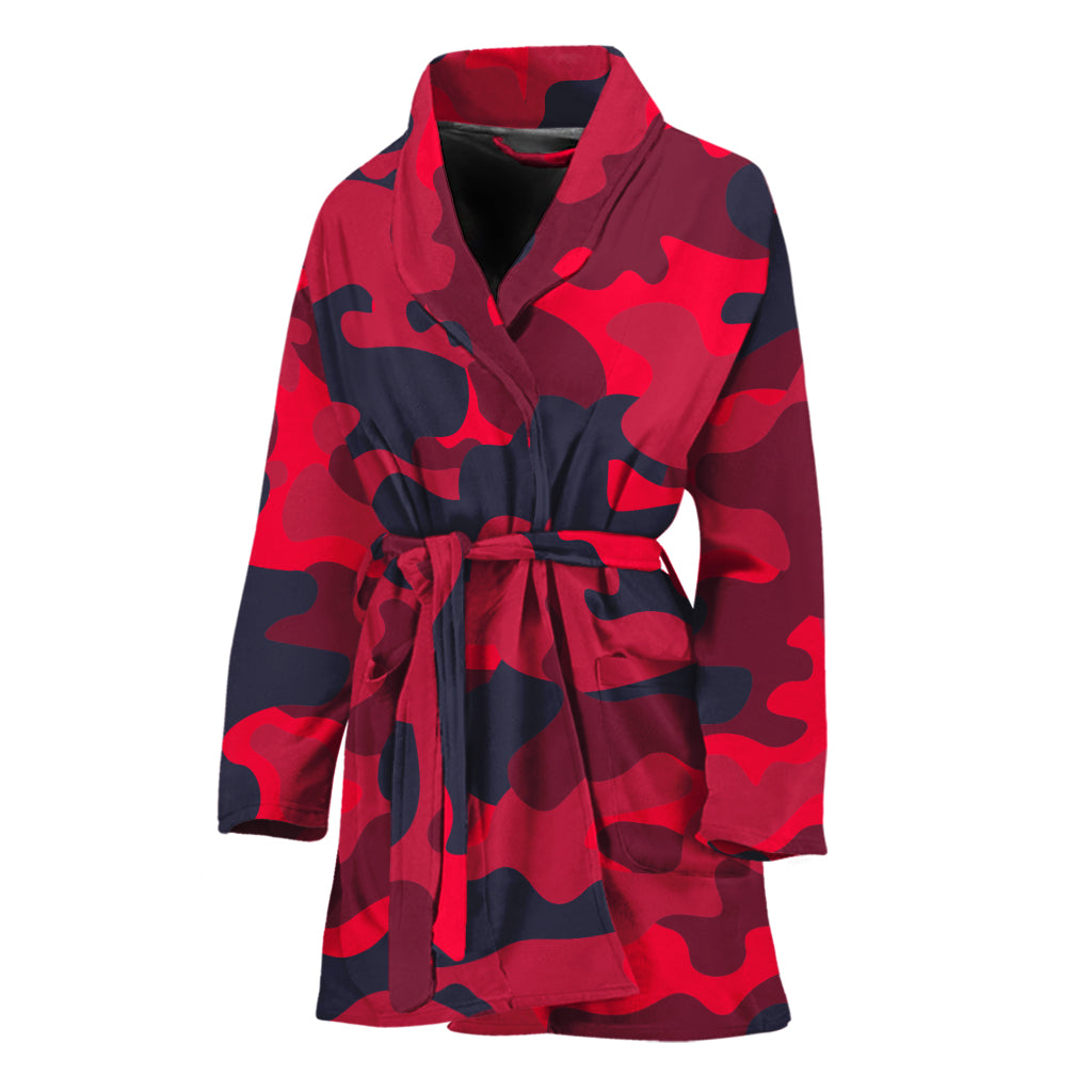 Red Pink And Black Camouflage Print Women's Bathrobe