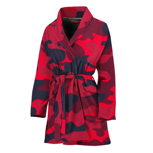 Red Pink And Black Camouflage Print Women's Bathrobe