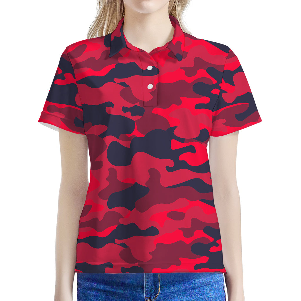Red Pink And Black Camouflage Print Women's Polo Shirt