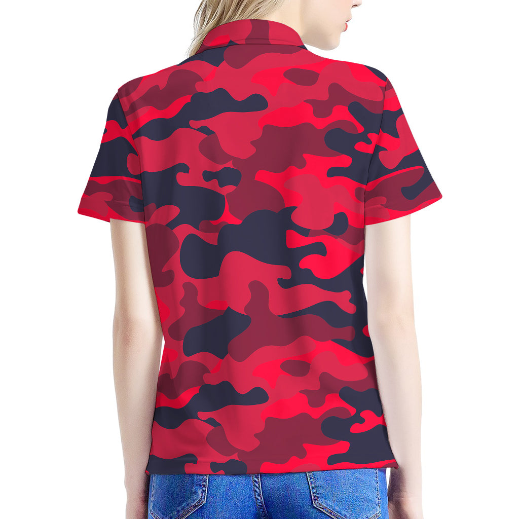 Red Pink And Black Camouflage Print Women's Polo Shirt
