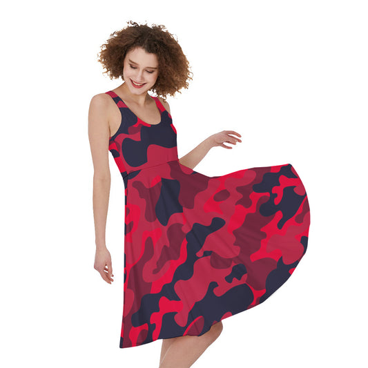 Red Pink And Black Camouflage Print Women's Sleeveless Dress