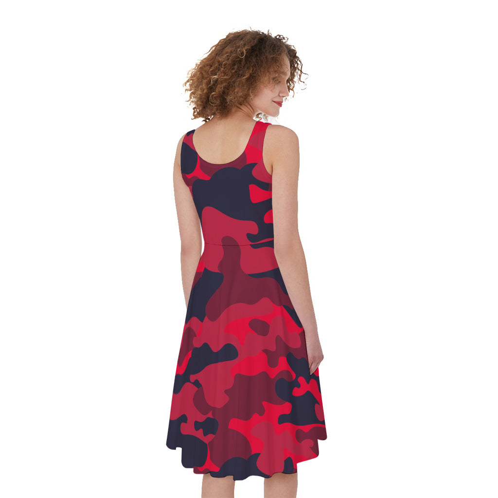 Red Pink And Black Camouflage Print Women's Sleeveless Dress